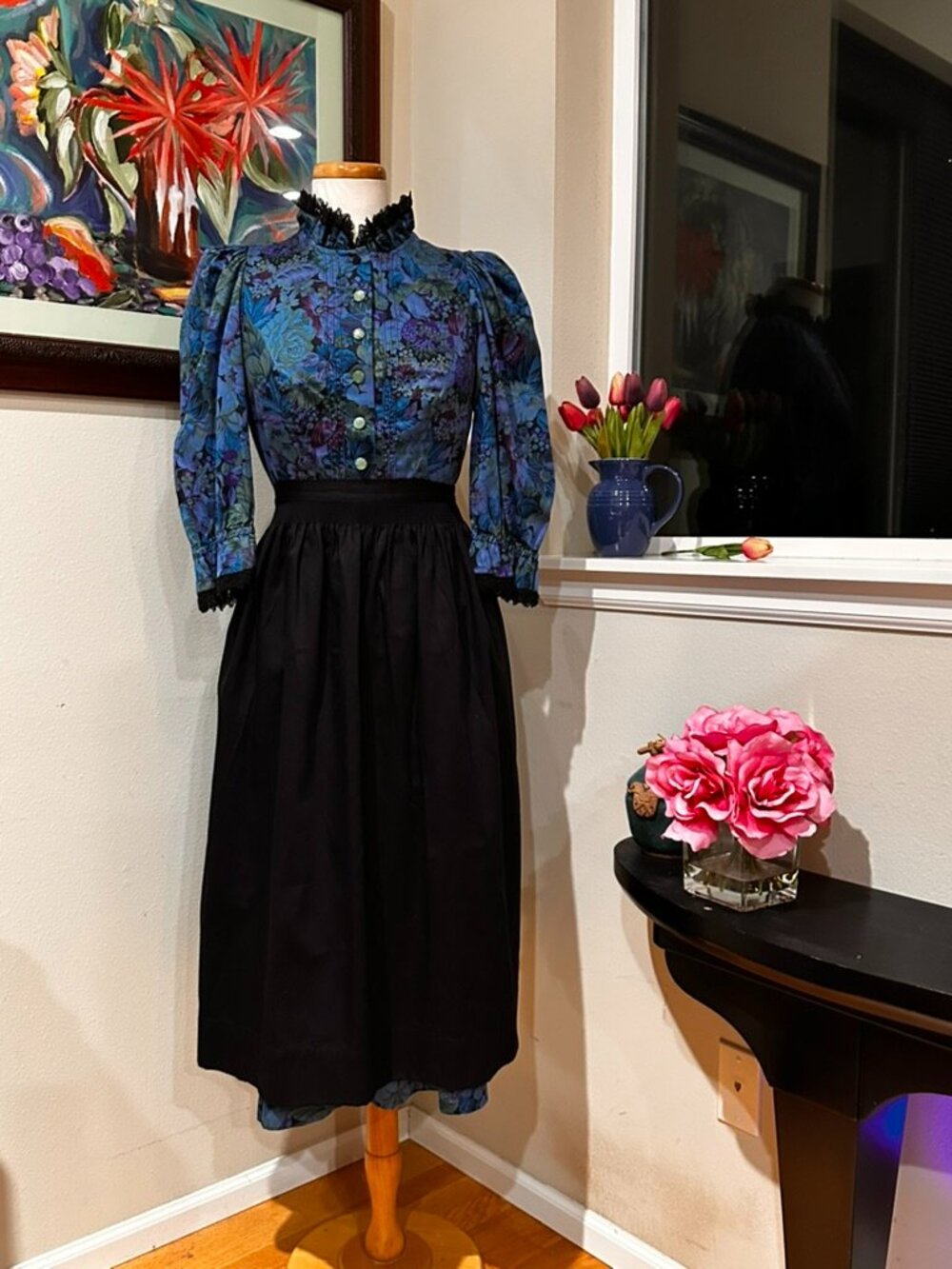 Blue Floral Dirndl Dress w / Apron by Wenger Austrian Couture